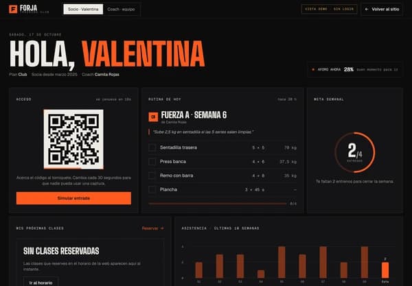 App del socio de FORJA con acceso QR, rutina de fuerza y meta semanal
