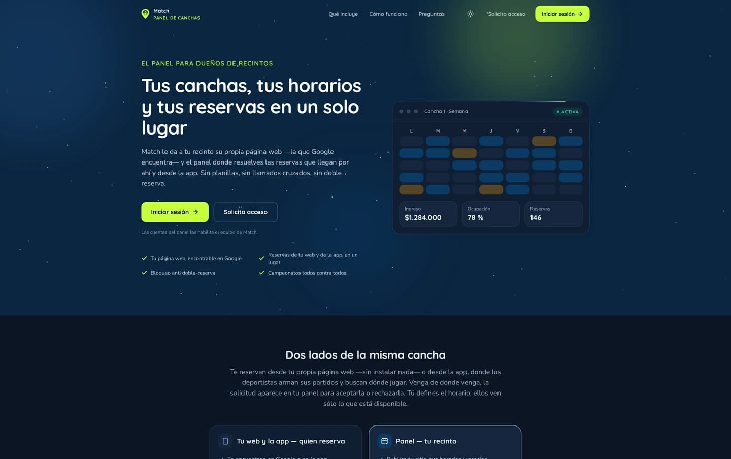 Página de Match para recintos con presentación del panel de canchas, reservas y disponibilidad semanal
