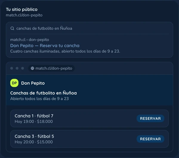 Página pública del recinto con canchas disponibles y acceso para reservar
