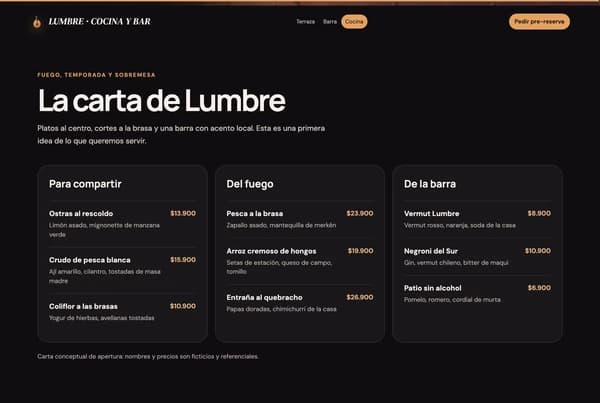 Carta de Lumbre con platos para compartir, preparaciones a las brasas y coctelería