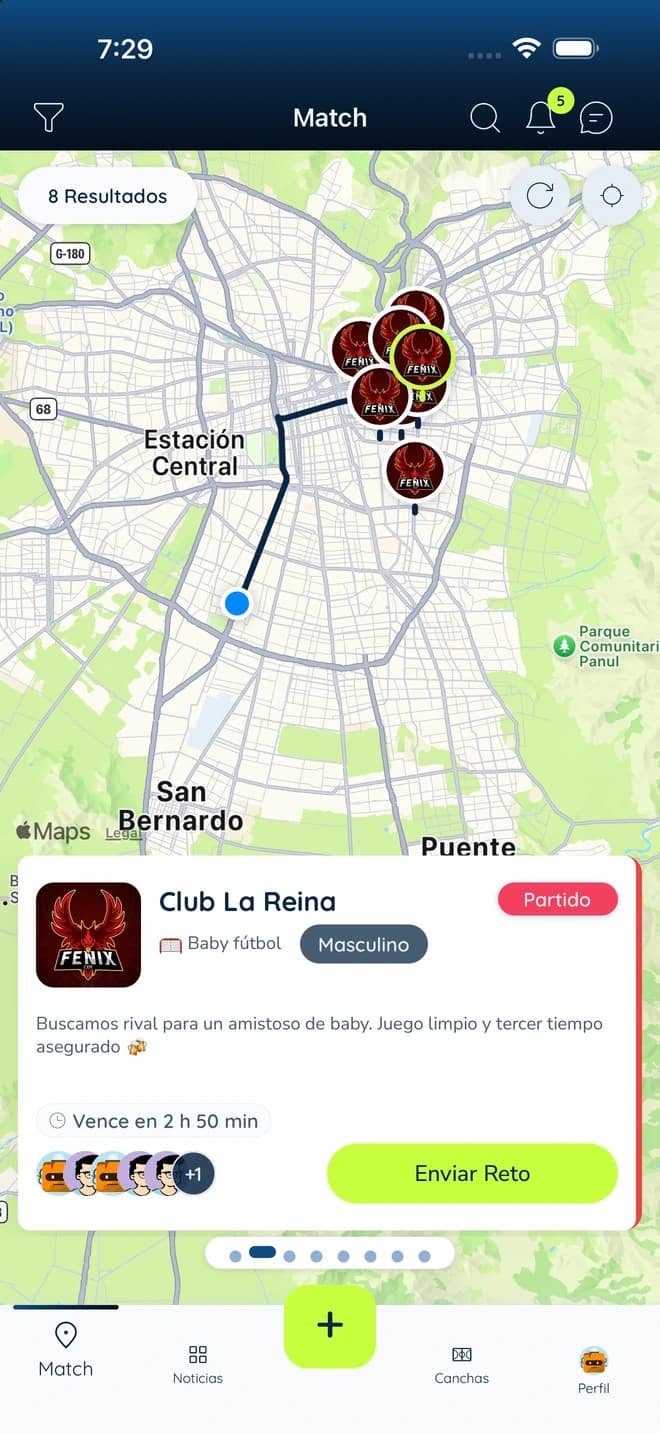 Mapa de Match con equipos y desafíos cercanos